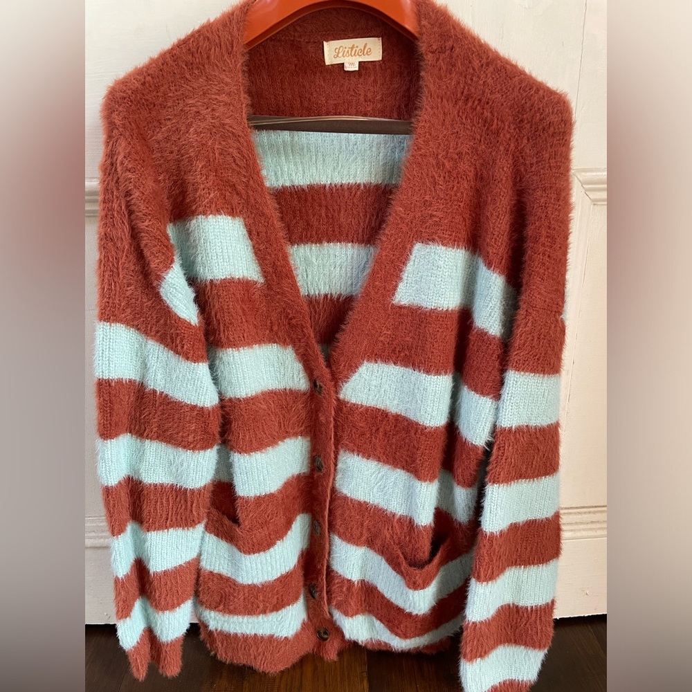 Pinkblush // Blue Striped Fuzzy Cardigan
